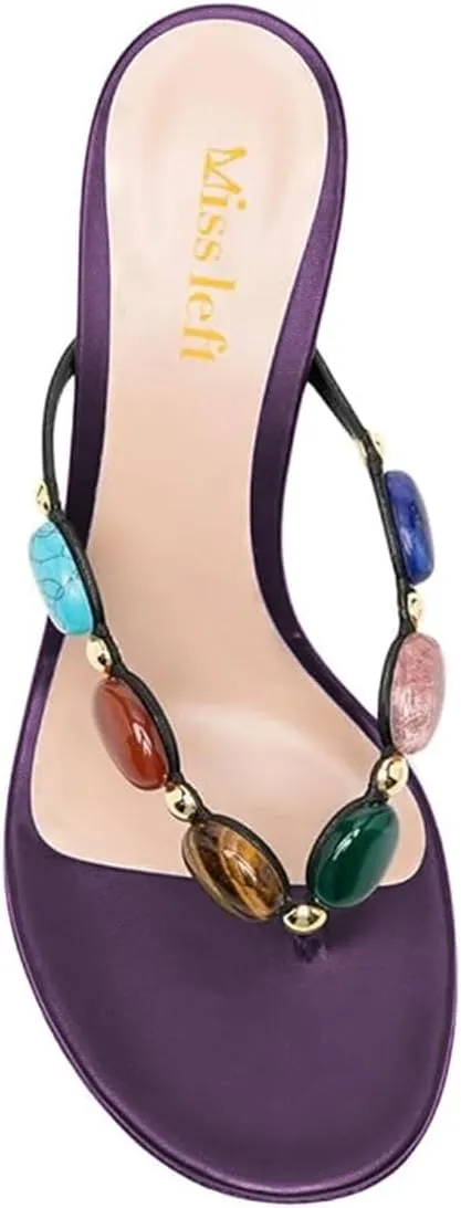 miss left Women Jewelled Open Toe Flip Flops Sexy Thin High Heel Slip on Thong Sandals Comfy Summer Party Shoes Size 4-16 US