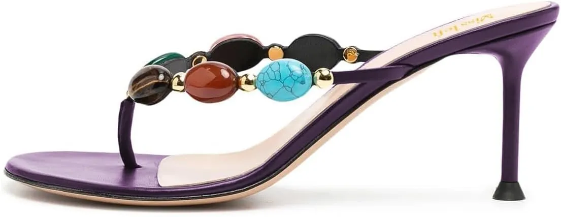 miss left Women Jewelled Open Toe Flip Flops Sexy Thin High Heel Slip on Thong Sandals Comfy Summer Party Shoes Size 4-16 US