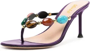 miss left Women Jewelled Open Toe Flip Flops Sexy Thin High Heel Slip on Thong Sandals Comfy Summer Party Shoes Size 4-16 US