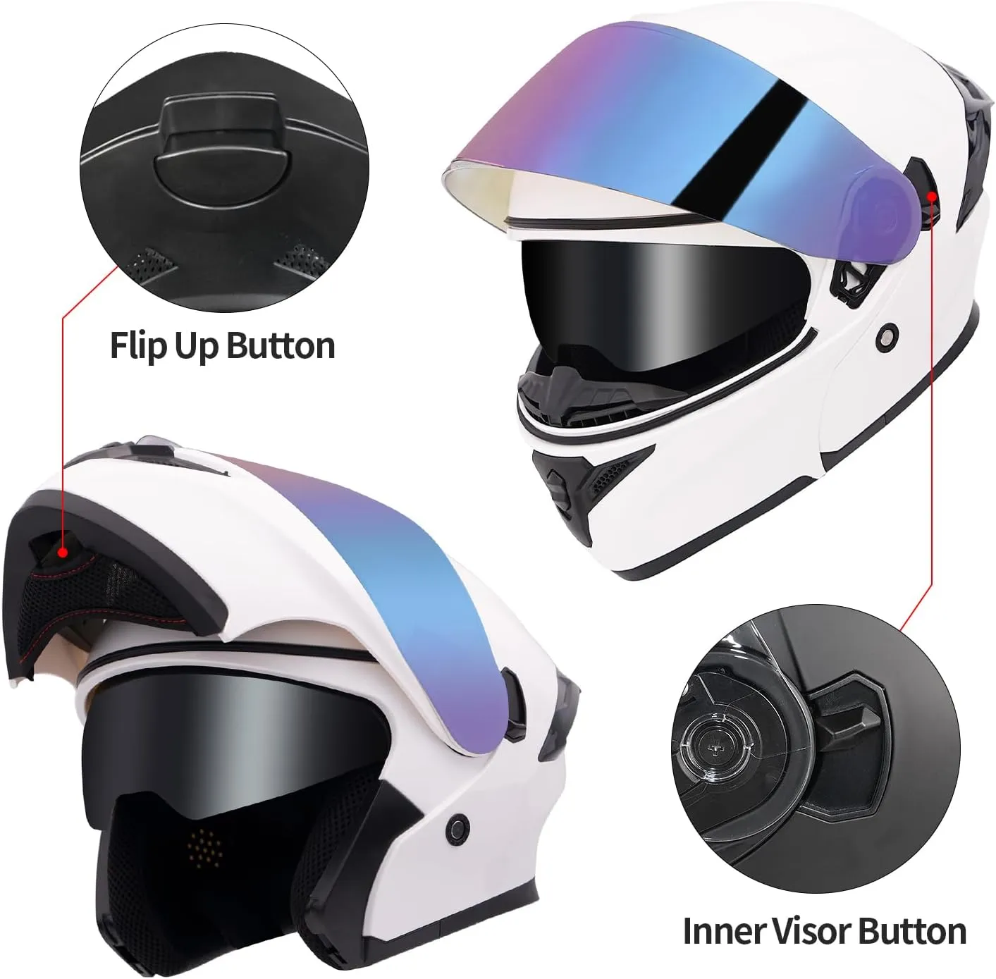 Modular Motorcycle Helmet Dual Visor Flip Up Full Face Helmets FF808 DOT Approved for Adults Men Women (Gloss White, XXL)