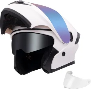 Modular Motorcycle Helmet Dual Visor Flip Up Full Face Helmets FF808 DOT Approved for Adults Men Women (Gloss White, XXL)