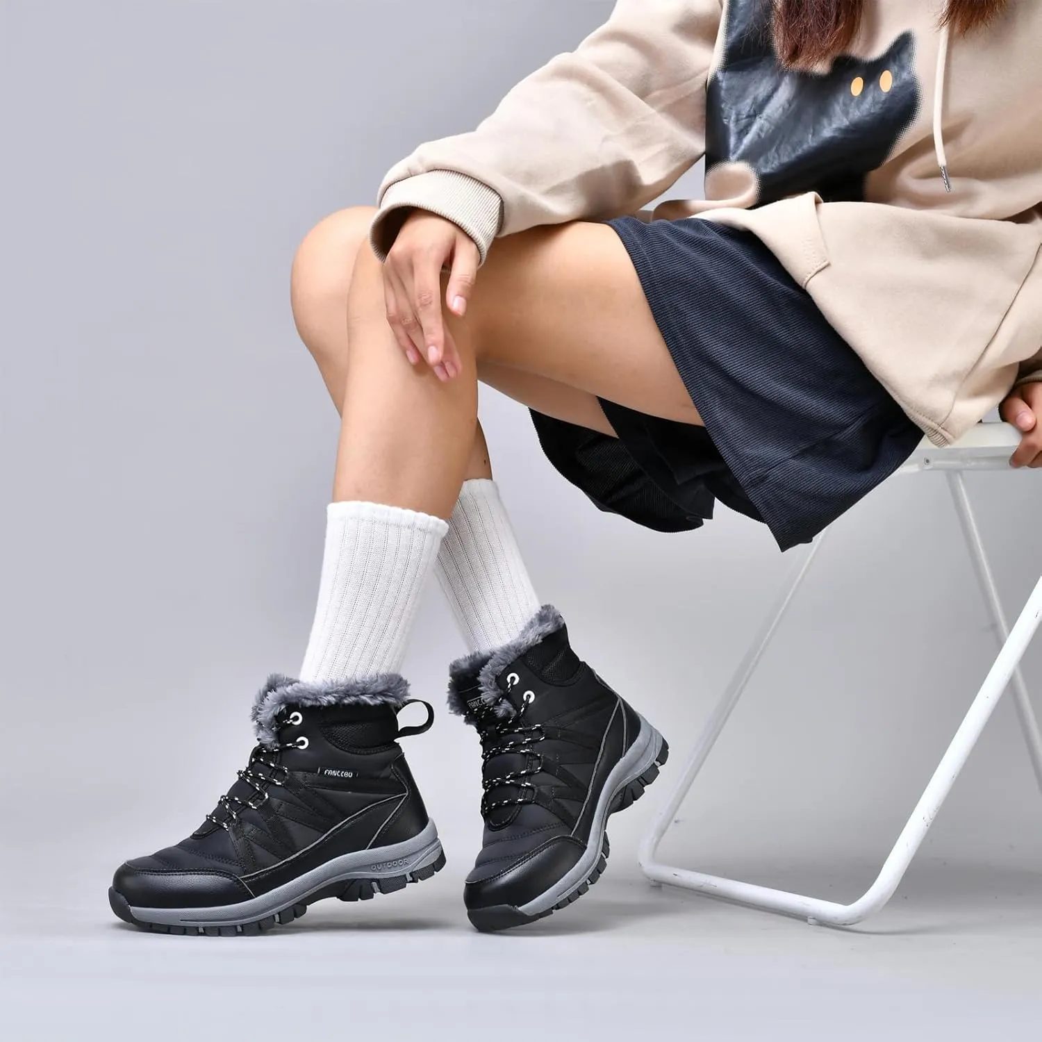 Moodeng Womens Winter Boots Warm Snow Boots Water-Resistant Anti-Slip Short Boots Lightweight Lace up