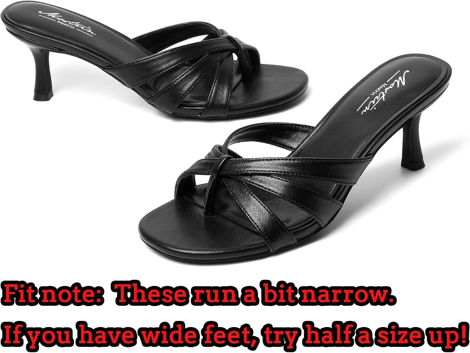 Mostrin Strappy Kitten Heels for Women Round Open Toe Flip Flops Slip On Mules Heels Fashion Thong Heeled Sandals for Party Wedding Holiday