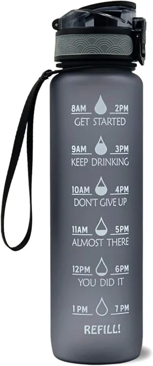 Motivational Water Jug Large Water Bottle Tritan 32oz BPA Free with Time Marker Reminder for Camping Fitness Gym Workouts Outdoor Sports, Grey