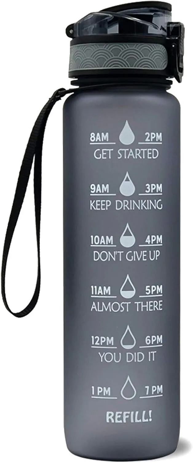 Motivational Water Jug Large Water Bottle Tritan 32oz BPA Free with Time Marker Reminder for Camping Fitness Gym Workouts Outdoor Sports, Grey