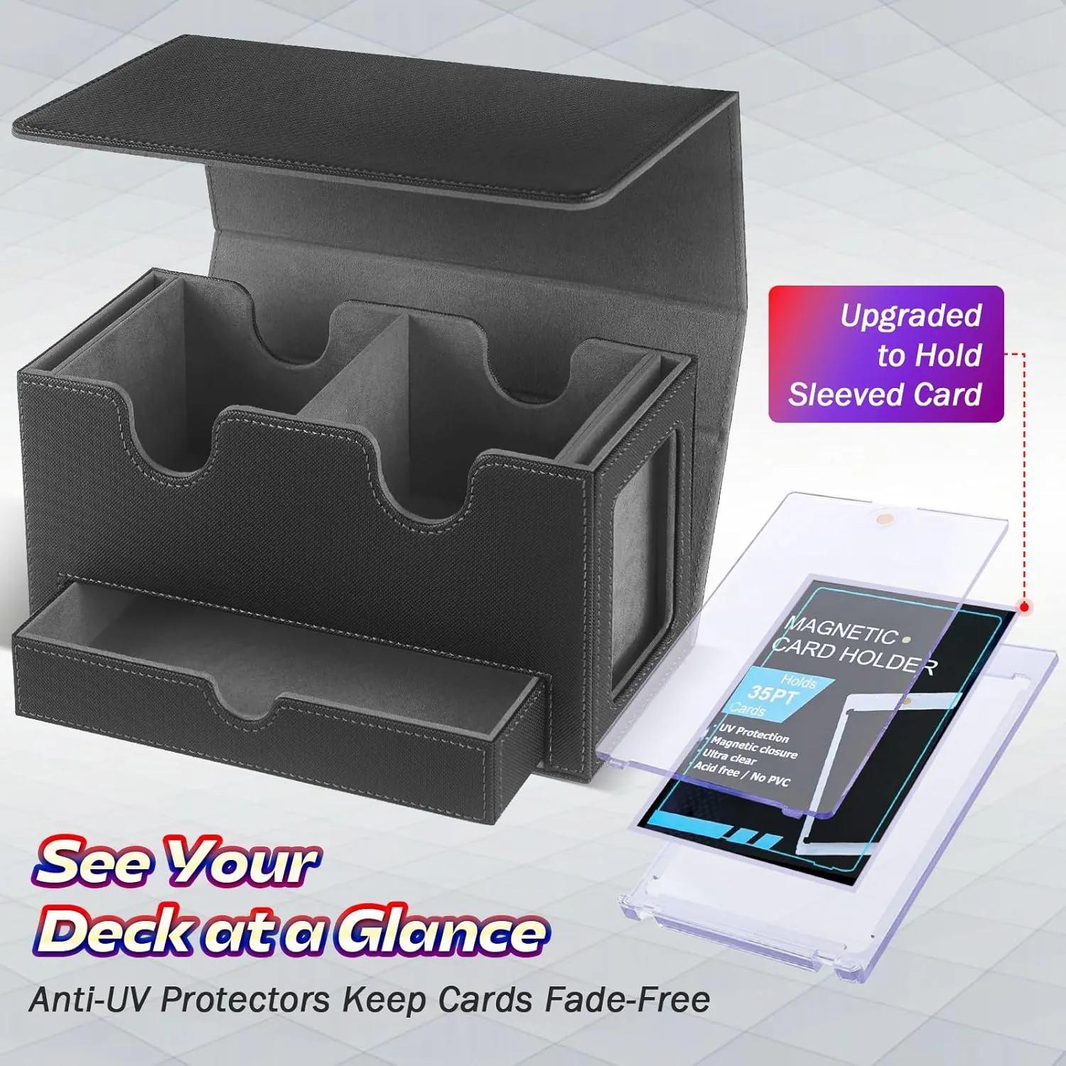 MTG Commander Deck Box with 2 Display & Dice Tray, Fits 320  Cards, 4 Dividers & 35pt Card Brick (Black&Gray)