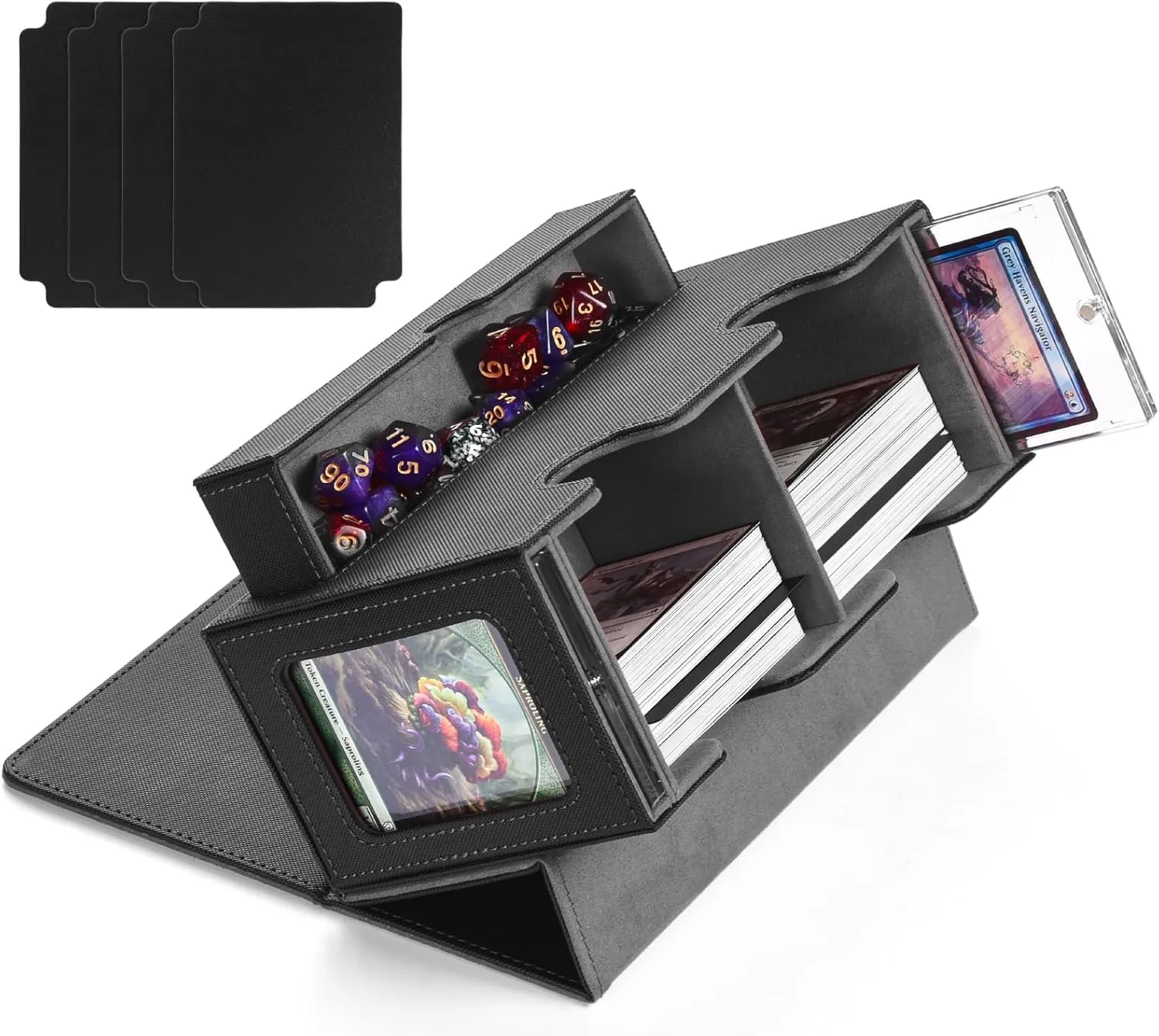 MTG Commander Deck Box with 2 Display & Dice Tray, Fits 320  Cards, 4 Dividers & 35pt Card Brick (Black&Gray)