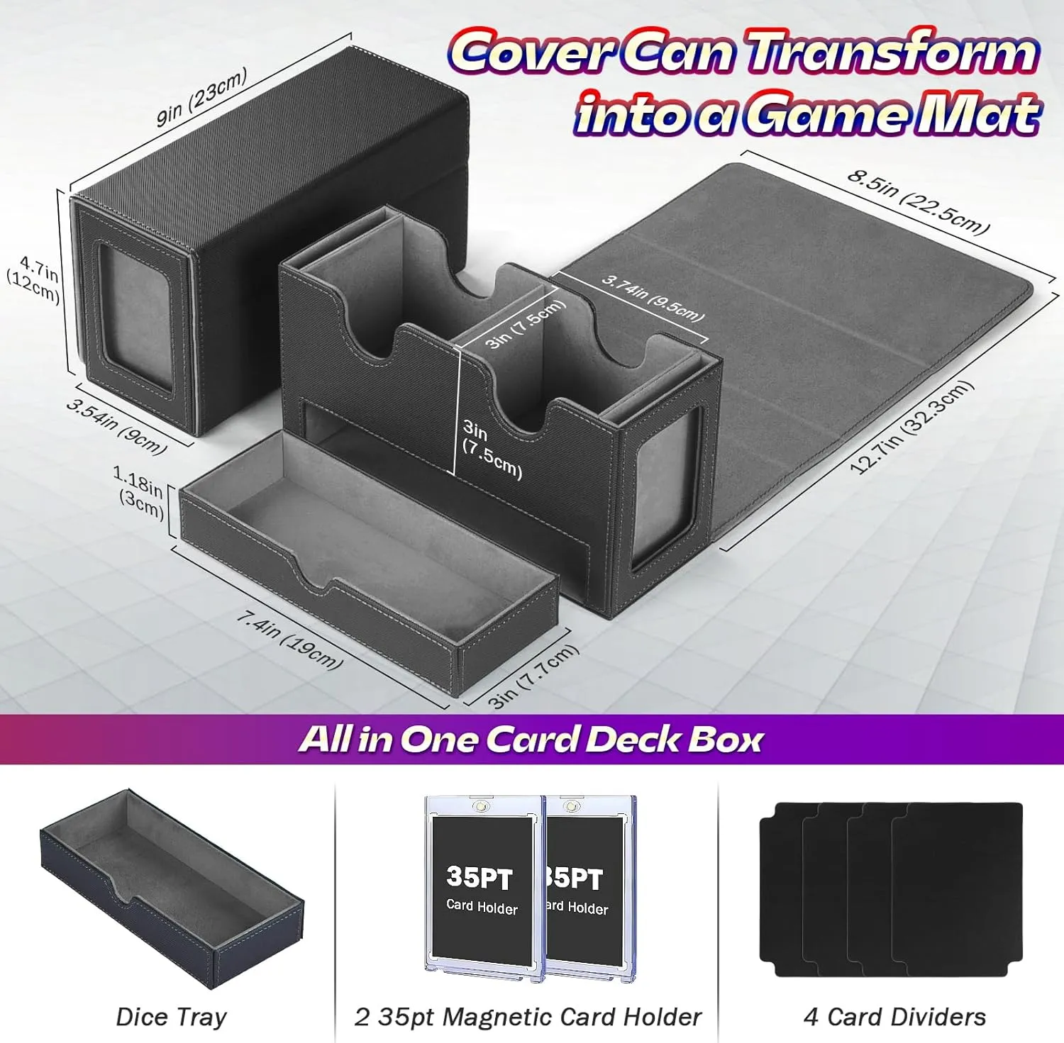 MTG Commander Deck Box with 2 Display & Dice Tray, Fits 320  Cards, 4 Dividers & 35pt Card Brick (Black&Gray)
