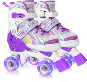 Nattork Girls Roller Skates for Kids, 4 Size Adjustable Rainbow Quad Skates with All Light Up Wheels - Best Birthday Gift for Outdoor Sports