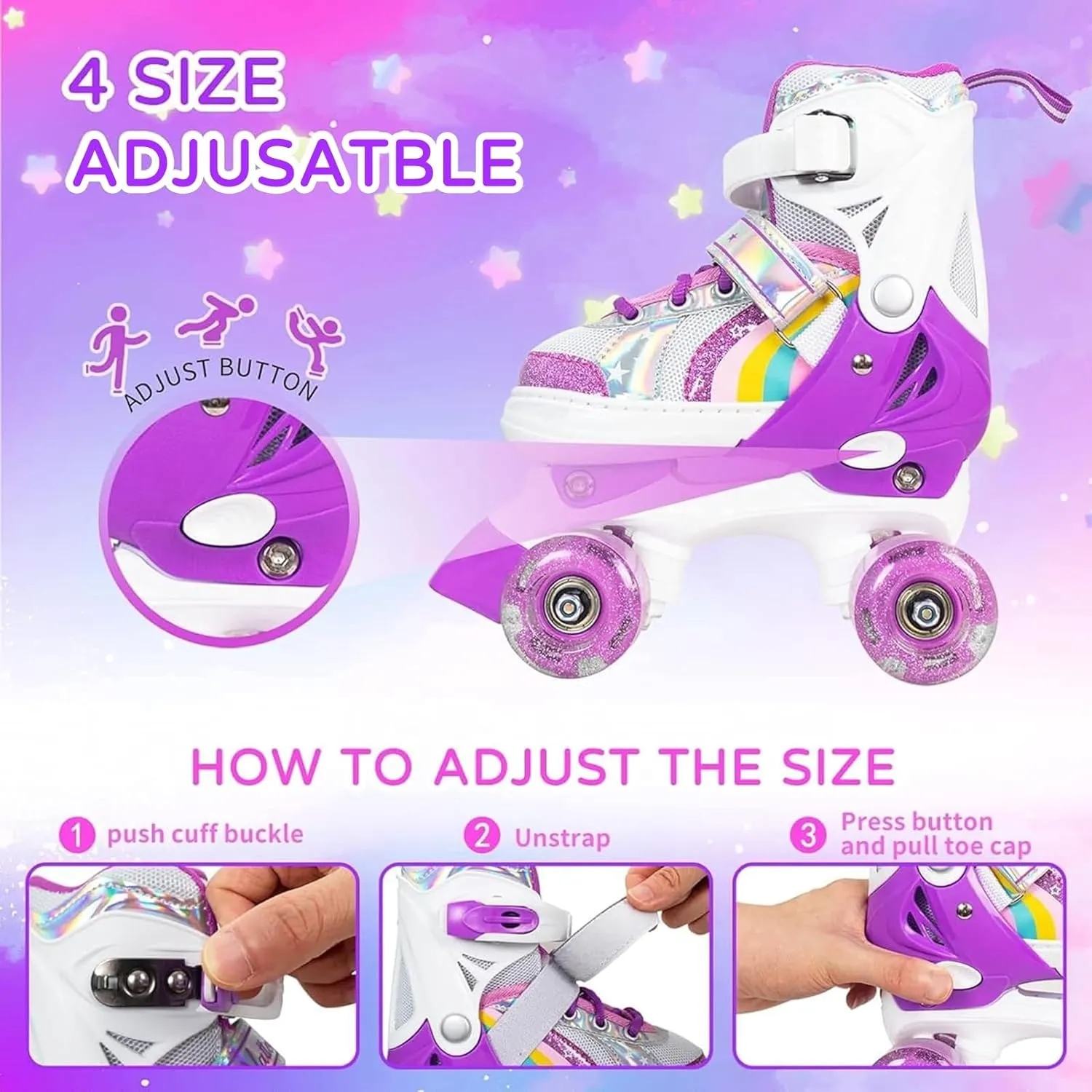 Nattork Girls Roller Skates for Kids, 4 Size Adjustable Rainbow Quad Skates with All Light Up Wheels - Best Birthday Gift for Outdoor Sports