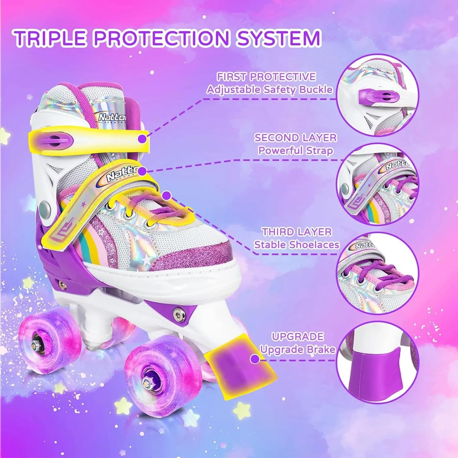 Nattork Girls Roller Skates for Kids, 4 Size Adjustable Rainbow Quad Skates with All Light Up Wheels - Best Birthday Gift for Outdoor Sports