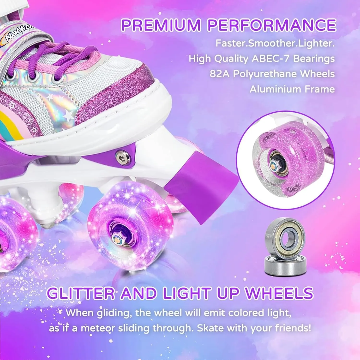 Nattork Girls Roller Skates for Kids, 4 Size Adjustable Rainbow Quad Skates with All Light Up Wheels - Best Birthday Gift for Outdoor Sports
