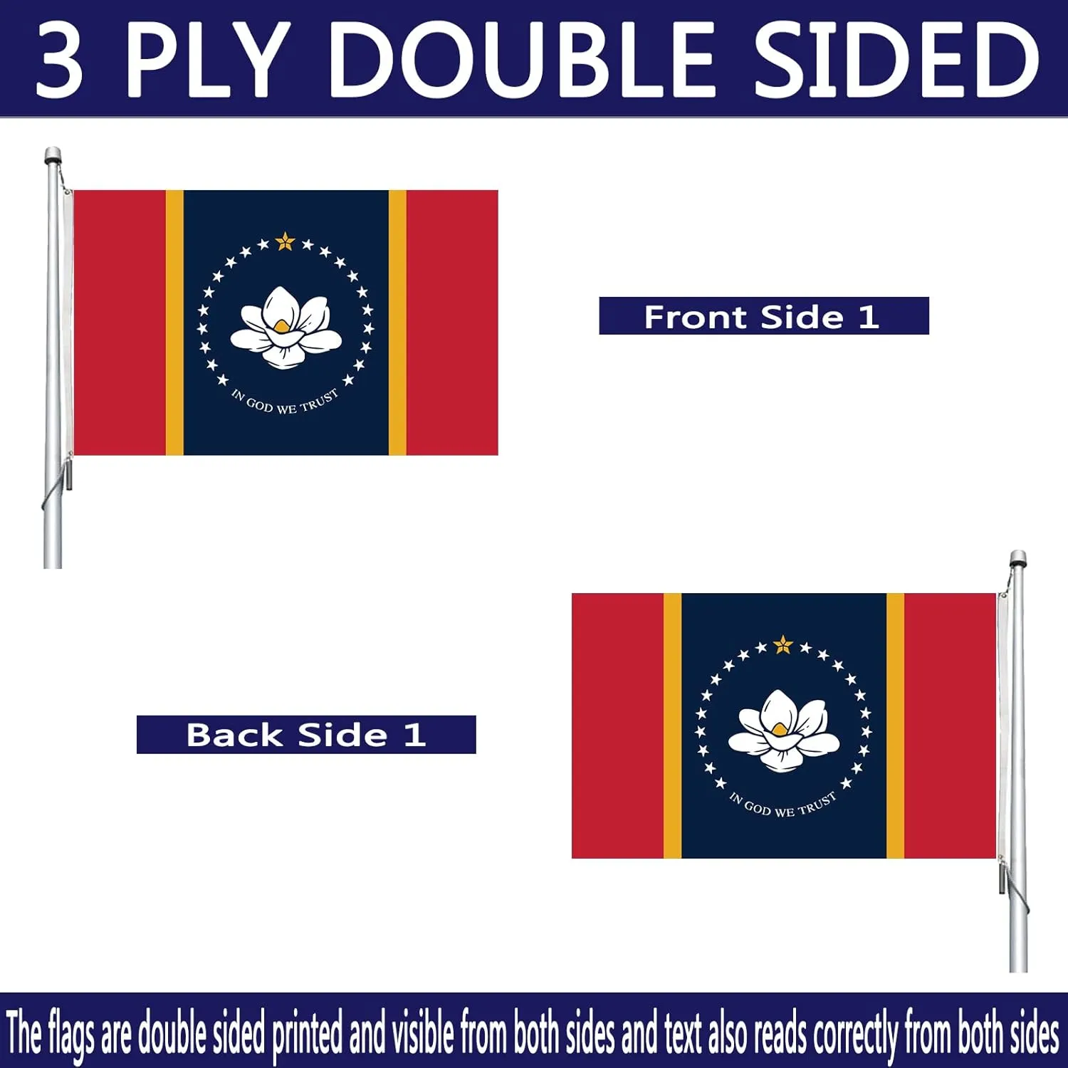New Mississippi State Flag 3x5 Outdoor Double Sided- Heavy Duty in God We Trust MS Magnolia Sate Flags Banner with 2 Brass Grommets 4 Rows Stitched