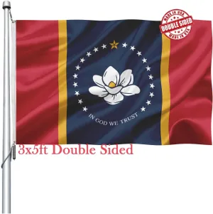 New Mississippi State Flag 3x5 Outdoor Double Sided- Heavy Duty in God We Trust MS Magnolia Sate Flags Banner with 2 Brass Grommets 4 Rows Stitched