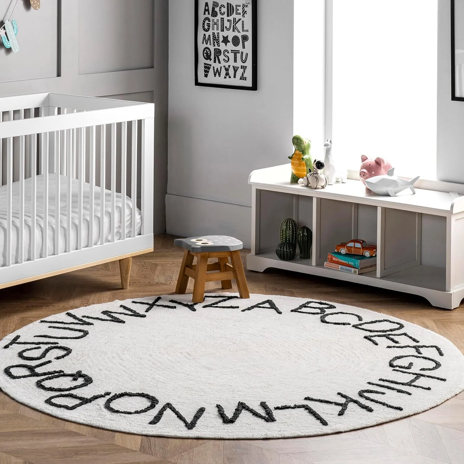 nuLOOM Kids Washable Round Alphabet Area Rug, 4' Round, Ivory