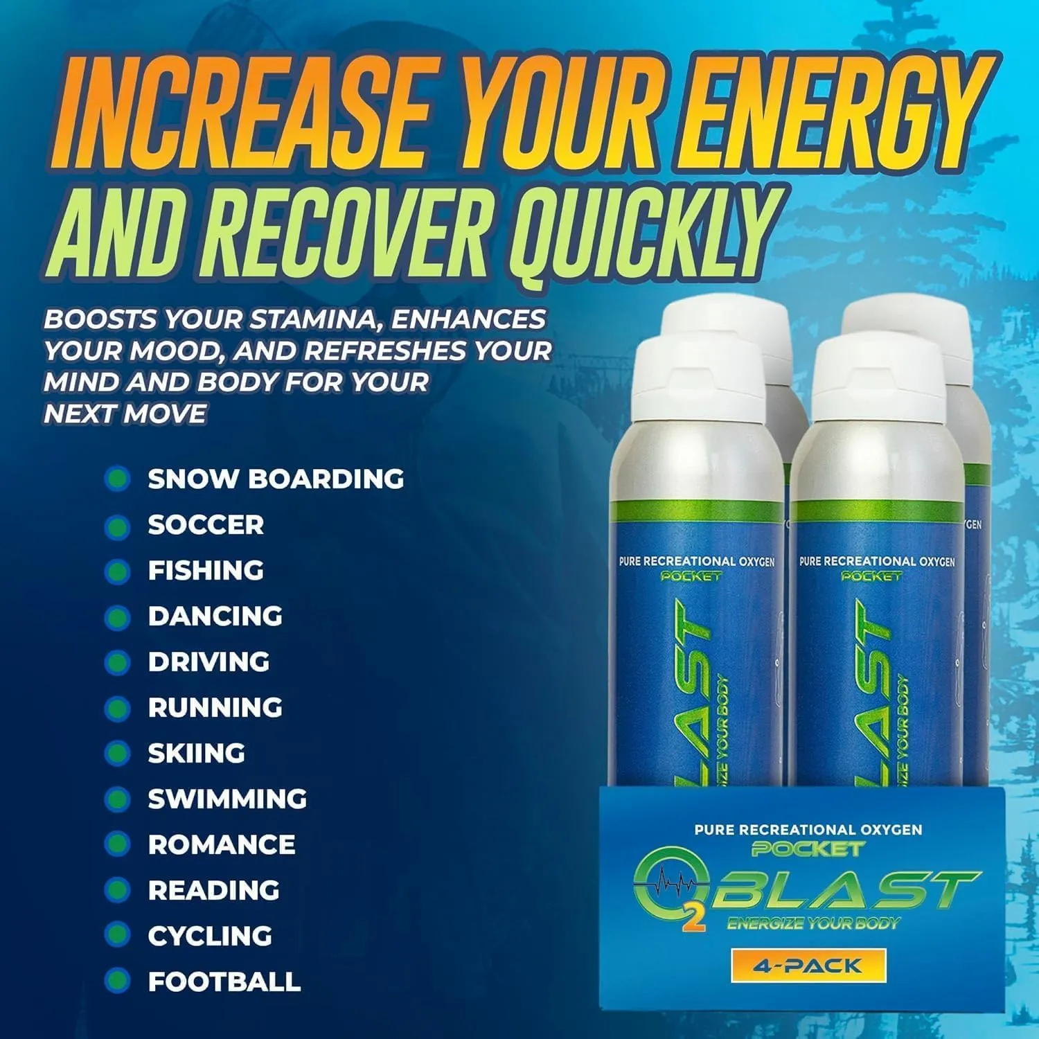 O2 Blast - Pure Oxygen Supplement - Filled with 99.99% Pure Oxygen to Support Fast Recovery, Increase Stamina & Enhance Focus for High Altitude and Action Sports, 4L Portable Can Flip-Top Cap, 4-Pack
