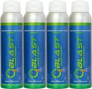 O2 Blast - Pure Oxygen Supplement - Filled with 99.99% Pure Oxygen to Support Fast Recovery, Increase Stamina & Enhance Focus for High Altitude and Action Sports, 4L Portable Can Flip-Top Cap, 4-Pack