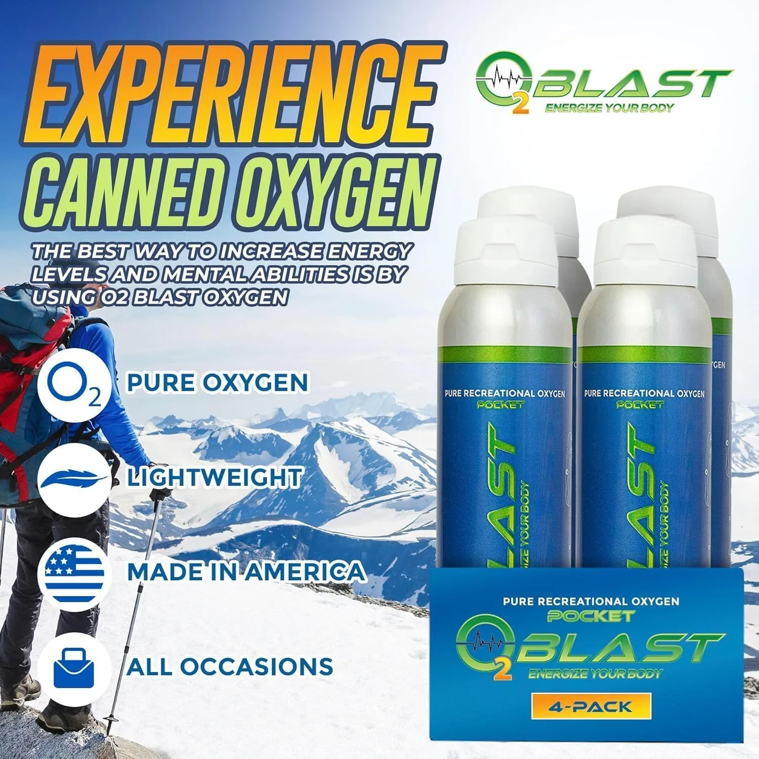 O2 Blast - Pure Oxygen Supplement - Filled with 99.99% Pure Oxygen to Support Fast Recovery, Increase Stamina & Enhance Focus for High Altitude and Action Sports, 4L Portable Can Flip-Top Cap, 4-Pack
