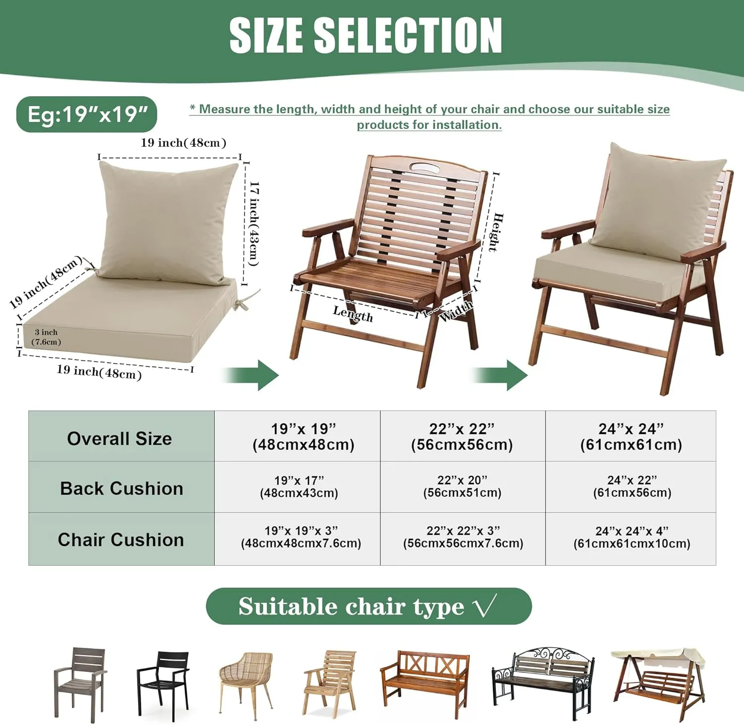 Outdoor Chair Cushions Set of 2, Waterproof Backrest and Deep Seat Cushion Set for Patio Furniture, Outdoor Sofa Replacement Cushions with Removable Cover, 24 x 24 Inch, Cream
