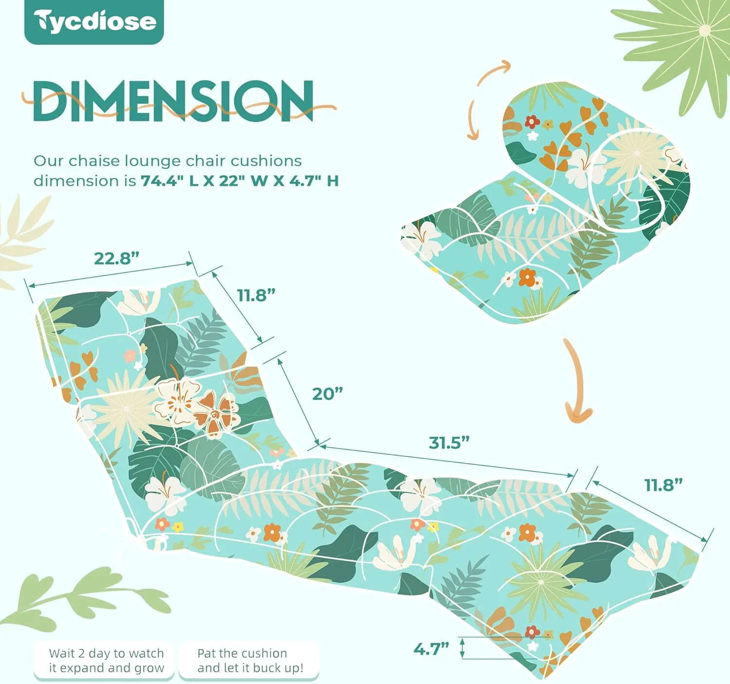 Outdoor Chaise Lounge Chair Cushion Waterproof 74.4 x 22 x 4.7 Inches Thickened Memory Foam Patio Lounge Chair Cushions Replacement for Outdoor Furniture with Ties, Cyan Floral Leaf