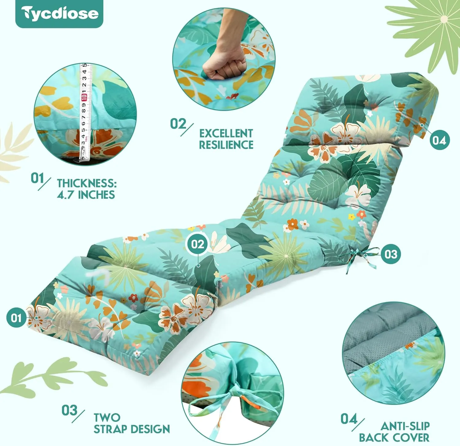Outdoor Chaise Lounge Chair Cushion Waterproof 74.4 x 22 x 4.7 Inches Thickened Memory Foam Patio Lounge Chair Cushions Replacement for Outdoor Furniture with Ties, Cyan Floral Leaf