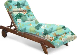 Outdoor Chaise Lounge Chair Cushion Waterproof 74.4 x 22 x 4.7 Inches Thickened Memory Foam Patio Lounge Chair Cushions Replacement for Outdoor Furniture with Ties, Cyan Floral Leaf