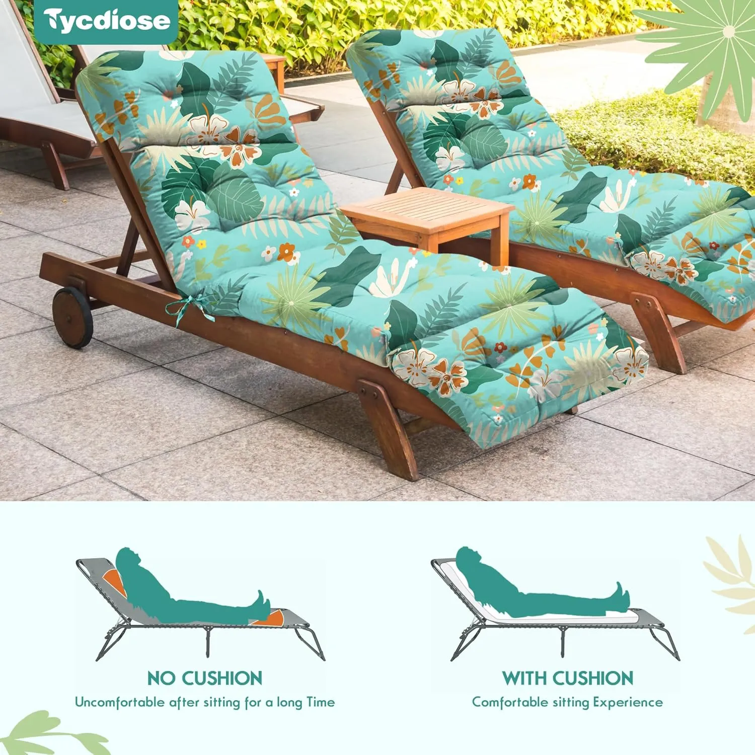 Outdoor Chaise Lounge Chair Cushion Waterproof 74.4 x 22 x 4.7 Inches Thickened Memory Foam Patio Lounge Chair Cushions Replacement for Outdoor Furniture with Ties, Cyan Floral Leaf