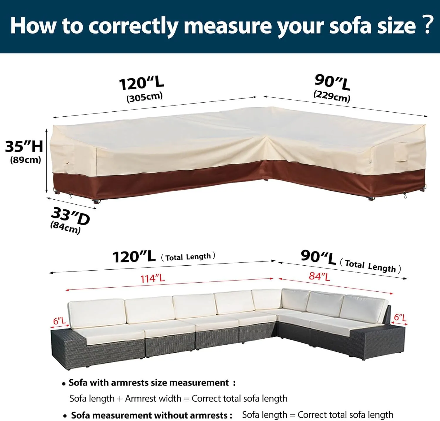Outdoor L-Shaped Patio Furniture Covers - Waterproof, Rip-Stop, Anti-UV 600D Heavy Duty Outdoor Couch Cover with 3 Air Vent - 120''L x 33''D x 35''H