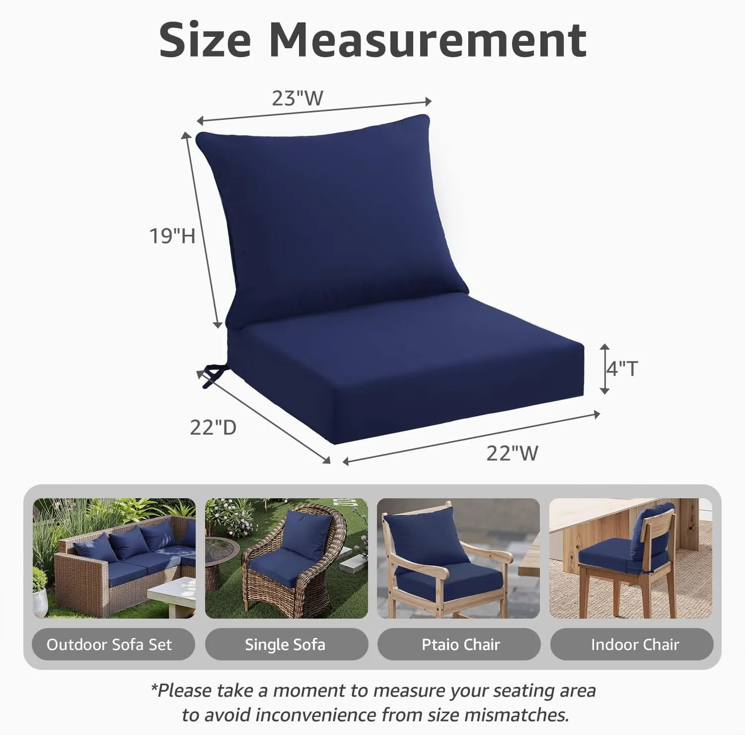 Outdoor Seat Cushion Set 22 x 22 x 4 Inch, Waterproof & Fade Resistant Patio Furniture Cushions with Removable Cover and Ties, Thick Deep Seating Pads for Outside Chair Sofa Couch, Dark Blue
