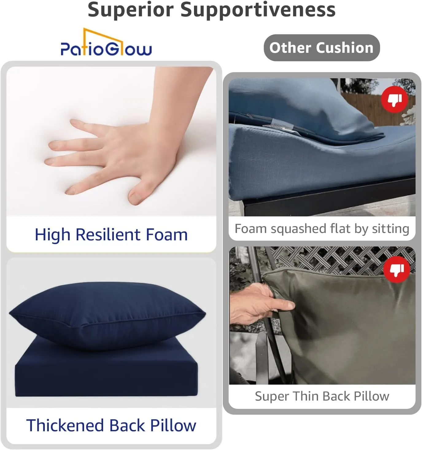 Outdoor Seat Cushion Set 22 x 22 x 4 Inch, Waterproof & Fade Resistant Patio Furniture Cushions with Removable Cover and Ties, Thick Deep Seating Pads for Outside Chair Sofa Couch, Dark Blue