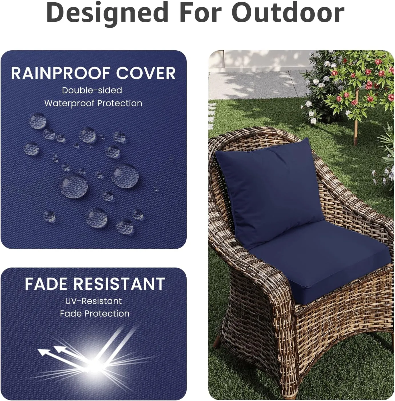 Outdoor Seat Cushion Set 22 x 22 x 4 Inch, Waterproof & Fade Resistant Patio Furniture Cushions with Removable Cover and Ties, Thick Deep Seating Pads for Outside Chair Sofa Couch, Dark Blue
