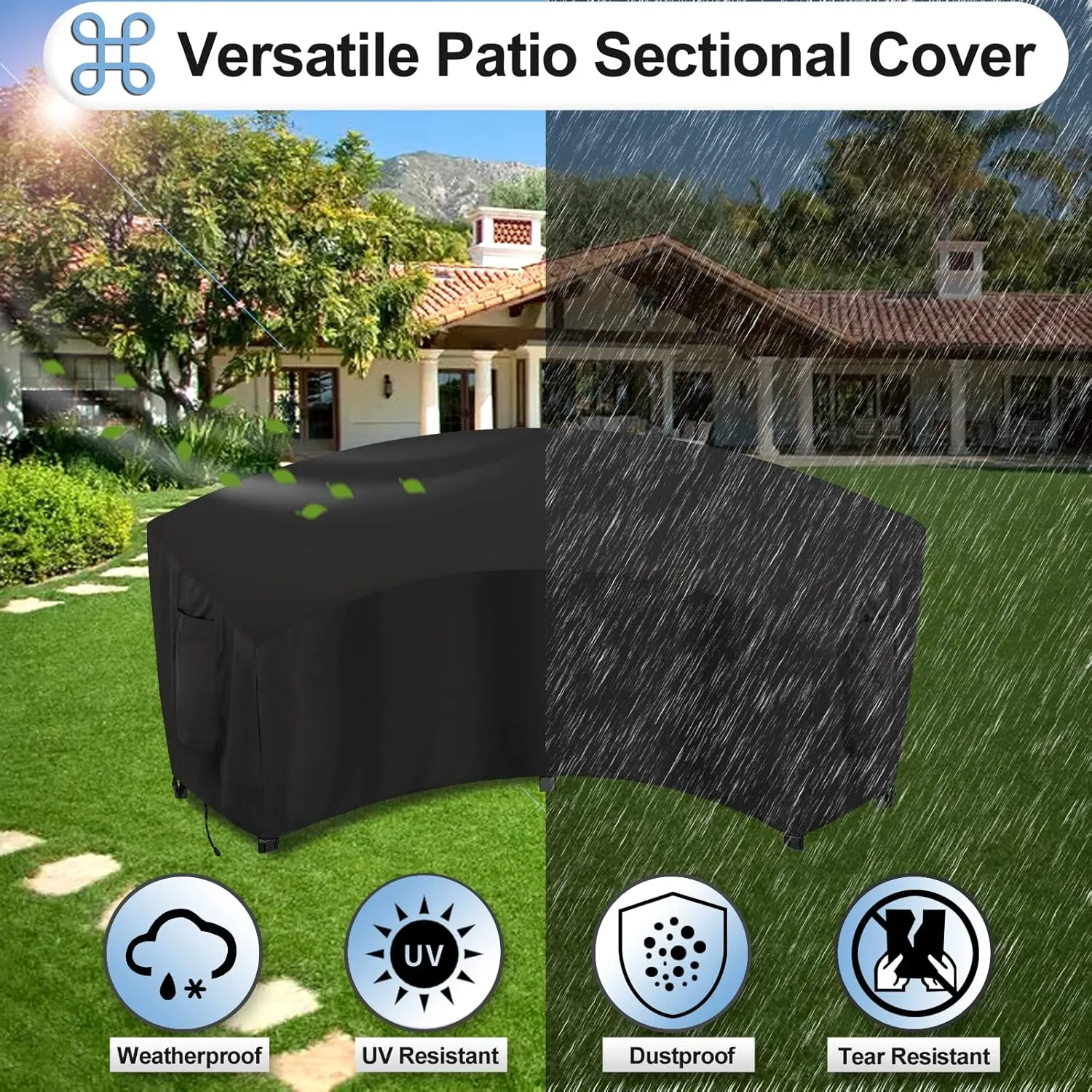 OutdoorLines Waterproof Curved Outdoor Sectional Cover - UV Resistant Windproof Patio Sectional Sofa Covers for Deck, Lawn and Backyard, Heavy Duty Furniture Covers (120Lx36Dx38Hx82FL, Black)