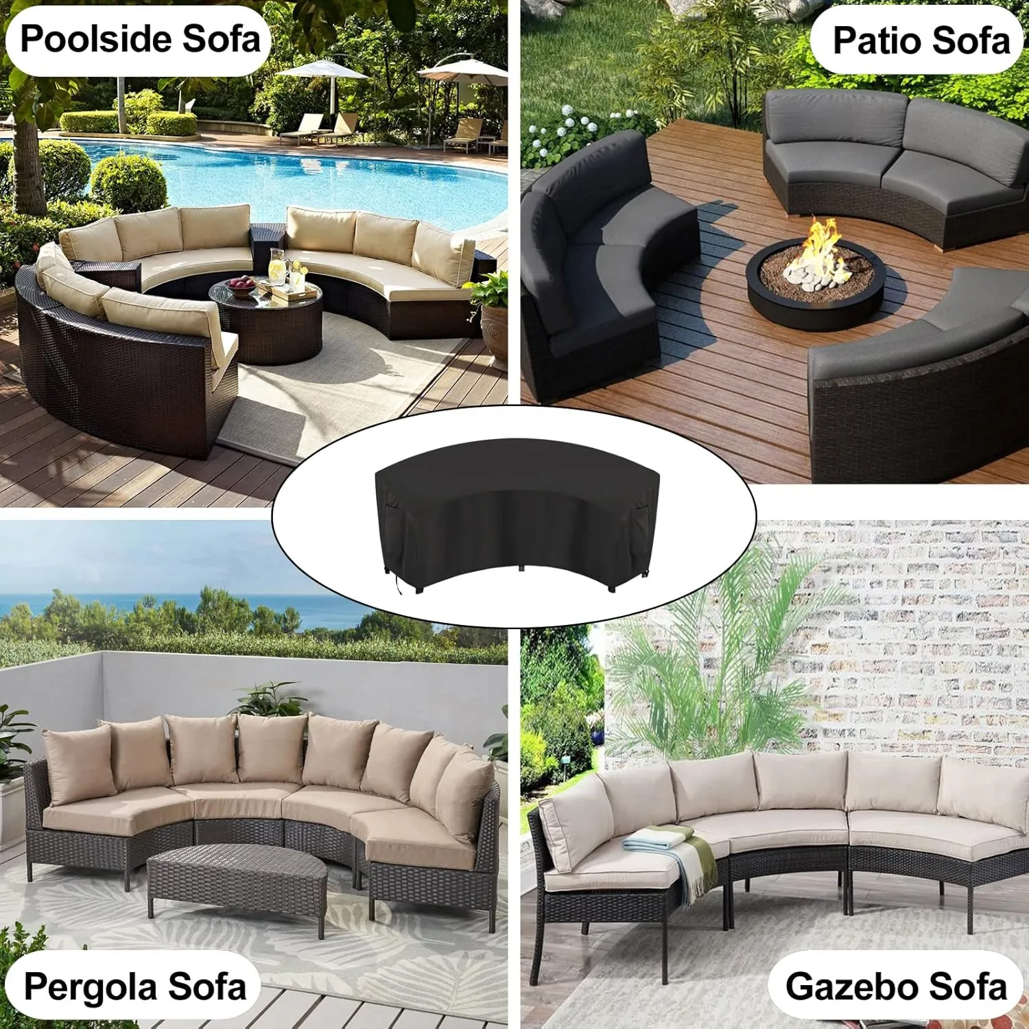 OutdoorLines Waterproof Curved Outdoor Sectional Cover - UV Resistant Windproof Patio Sectional Sofa Covers for Deck, Lawn and Backyard, Heavy Duty Furniture Covers (120Lx36Dx38Hx82FL, Black)