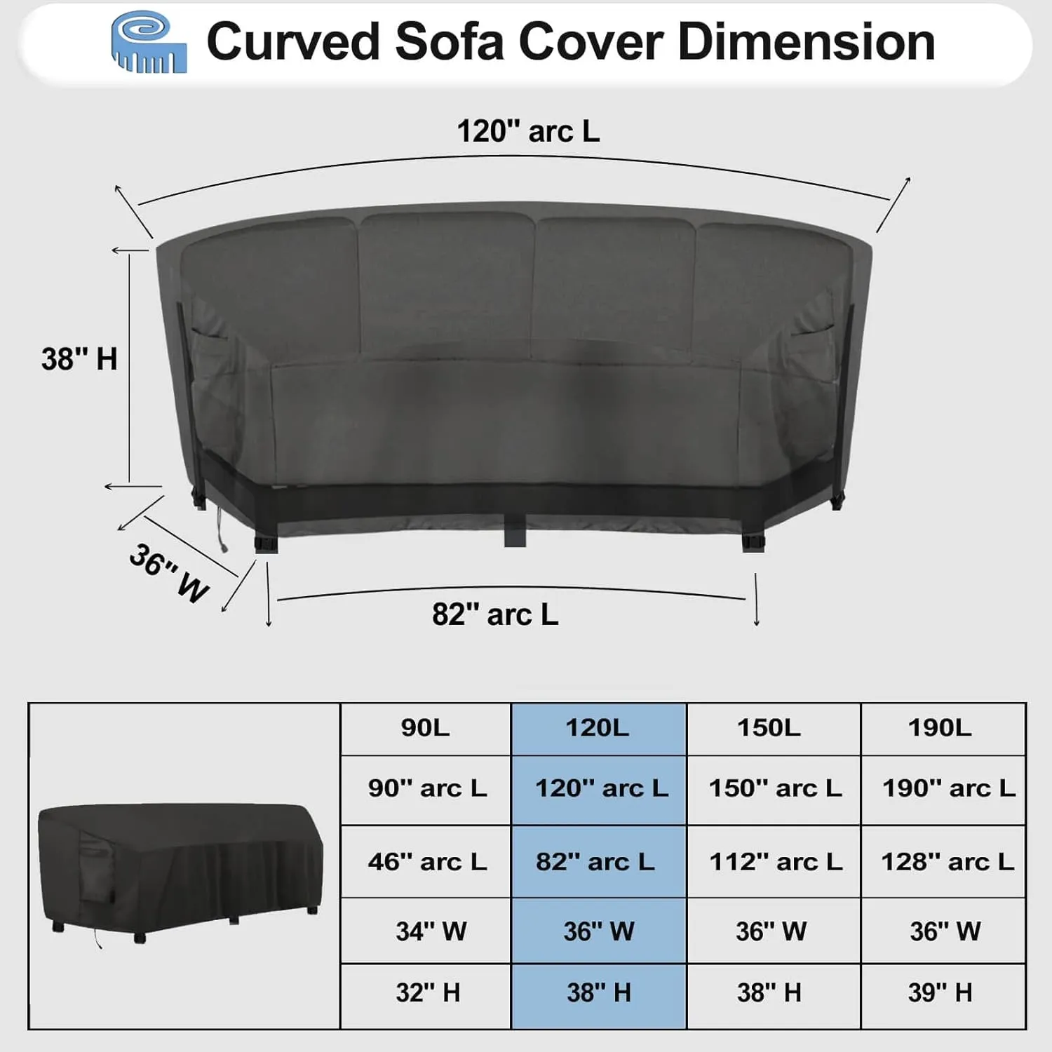 OutdoorLines Waterproof Curved Outdoor Sectional Cover - UV Resistant Windproof Patio Sectional Sofa Covers for Deck, Lawn and Backyard, Heavy Duty Furniture Covers (120Lx36Dx38Hx82FL, Black)