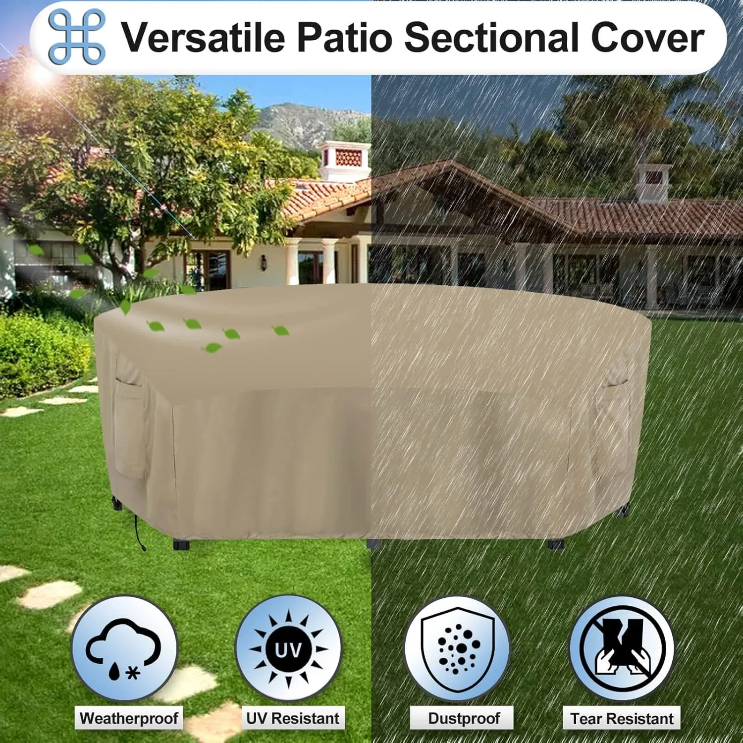 OutdoorLines Waterproof Curved Outdoor Sectional Cover - UV Resistant Windproof Patio Sectional Sofa Covers for Deck, Lawn and Backyard, Heavy Duty Furniture Covers (120Lx36Dx38Hx82FL, Camel)