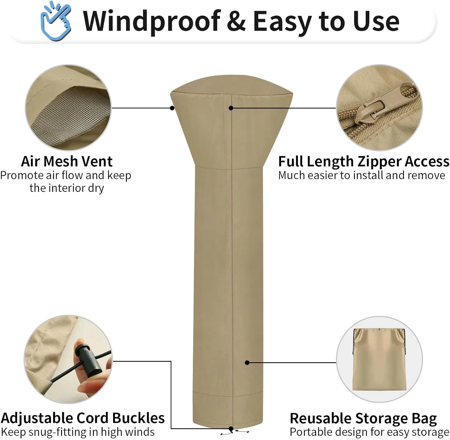 OutdoorLines Waterproof Outdoor Patio Heater Covers with Zipper and Storage Bag, Dust-proof UV-Resistant Windproof Propane Heavy Duty Heater Cover for Standing Heater, 1 Pack-89Hx33Dx19B inch Camel