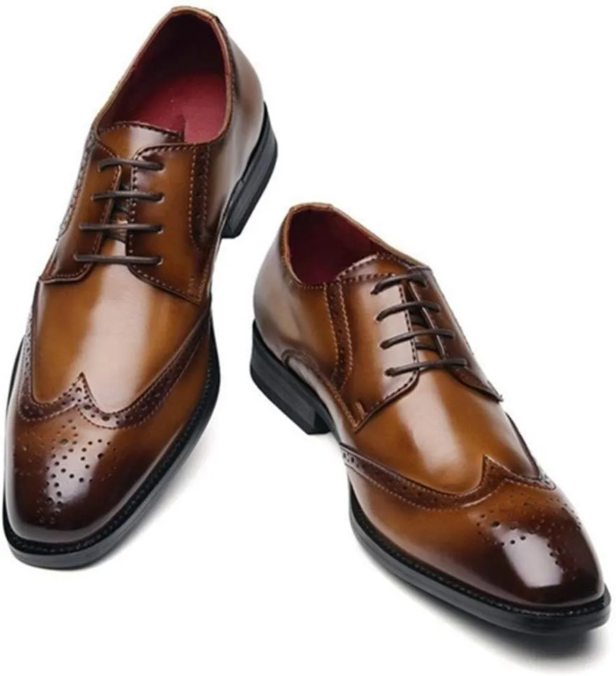 Oxford Dress Shoes for Men Lace Up Burnished Toe Wing Tip Brogue Cowhide Low Top Anti-Slip Rubber Sole Slip Resistant Prom Suitable for Many Occasions