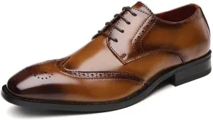 Oxford Dress Shoes for Men Lace Up Burnished Toe Wing Tip Brogue Cowhide Low Top Anti-Slip Rubber Sole Slip Resistant Prom Suitable for Many Occasions