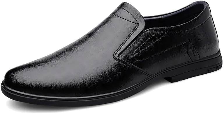 Oxford Shoes for Men Slip On Round Toe Solid Color PU Leather Oxford Shoes Slip Resistant Rubber Sole Low Top Non Slip Block Heel Casual