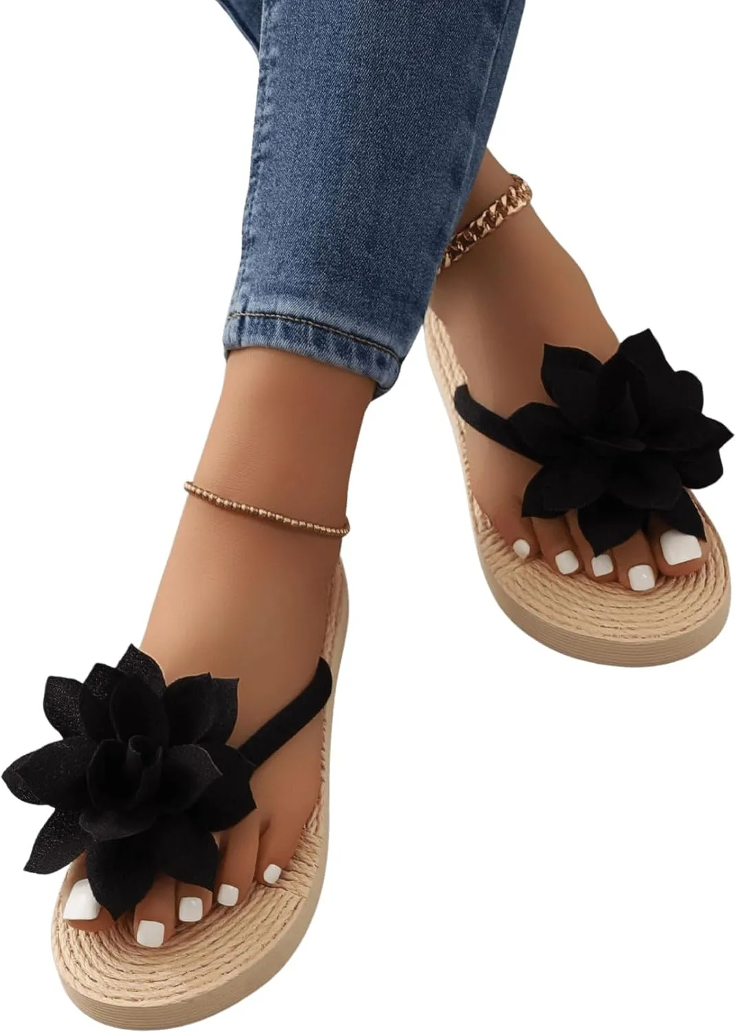 OYOANGLE Women's Applique Decor Open Toe Flip Flop Sandals Casual Outdoor Flat Slippers