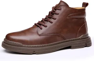 pearlzone Men's Waterproof Lace Up Casual Hiking Boots,Genuine Leather Upper Mid-Top Fashion Design Walking Ankle Boots (brown plush,9.5,9.5)