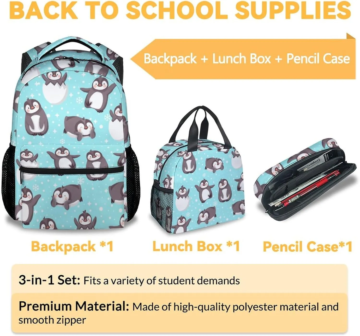 Penguin Backpack with Lunch Box and Pencil Case, 16 Inch Penguin Theme Bookbag with Adjustable Straps, Durable, Lightweight, Large Capacity, School Backpack for Girls Women