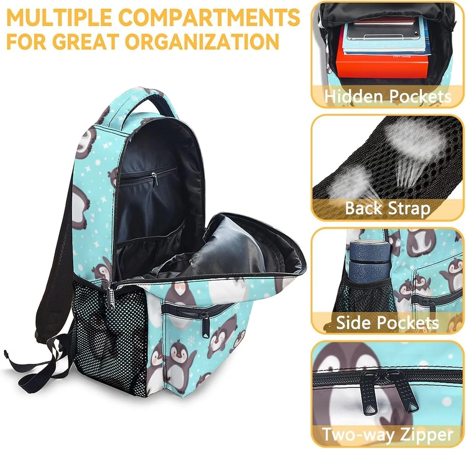 Penguin Backpack with Lunch Box and Pencil Case, 16 Inch Penguin Theme Bookbag with Adjustable Straps, Durable, Lightweight, Large Capacity, School Backpack for Girls Women