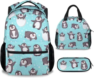 Penguin Backpack with Lunch Box and Pencil Case, 16 Inch Penguin Theme Bookbag with Adjustable Straps, Durable, Lightweight, Large Capacity, School Backpack for Girls Women