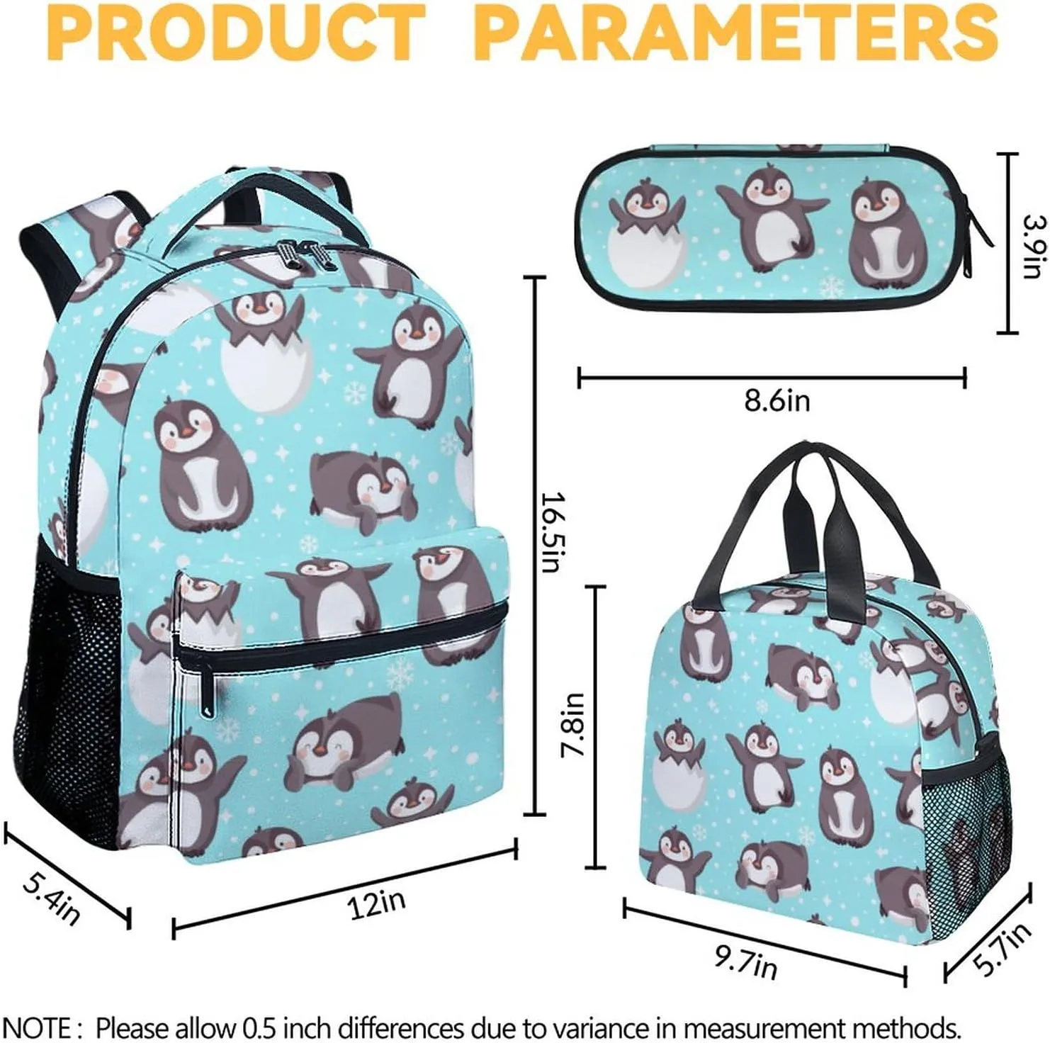 Penguin Backpack with Lunch Box and Pencil Case, 16 Inch Penguin Theme Bookbag with Adjustable Straps, Durable, Lightweight, Large Capacity, School Backpack for Girls Women