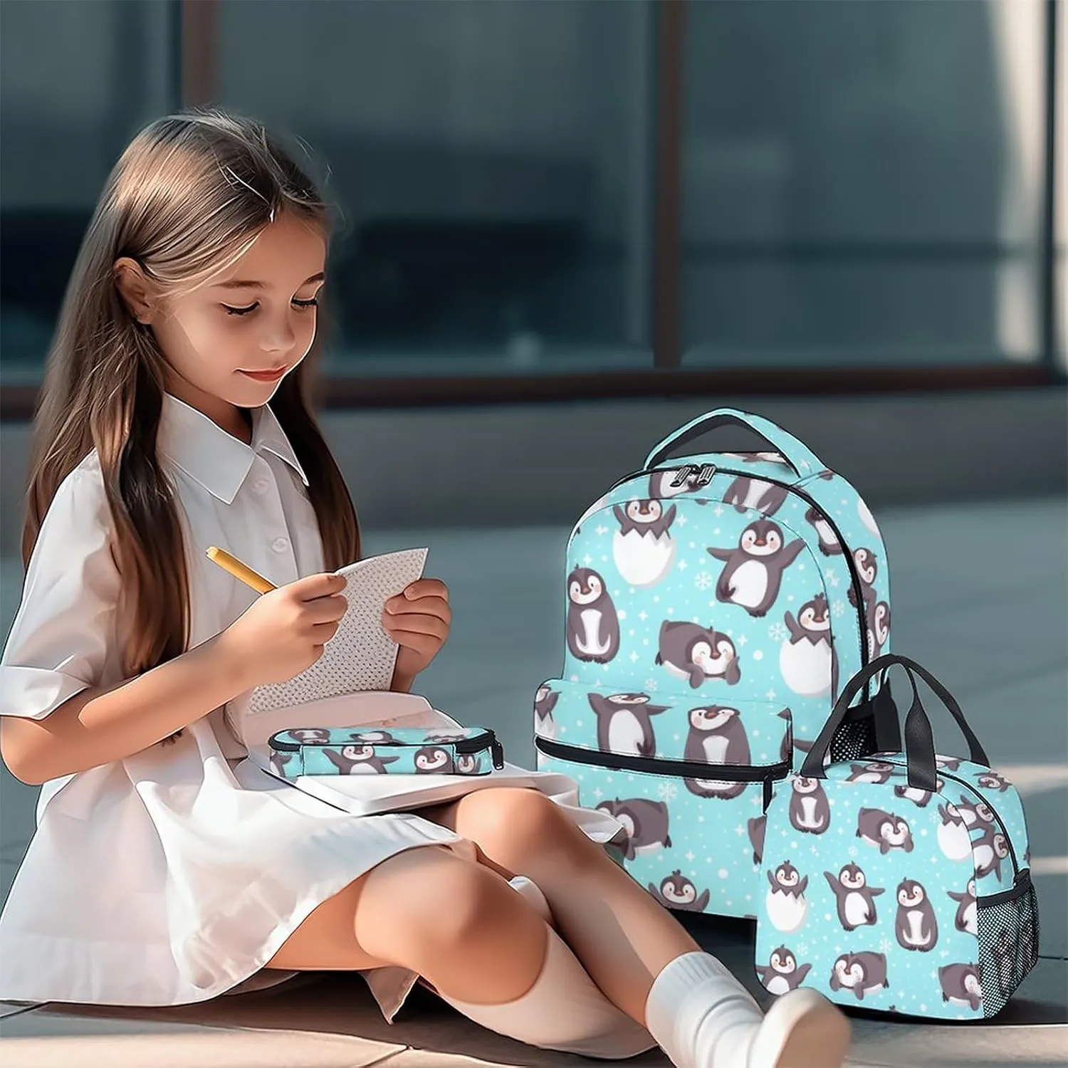 Penguin Backpack with Lunch Box and Pencil Case, 16 Inch Penguin Theme Bookbag with Adjustable Straps, Durable, Lightweight, Large Capacity, School Backpack for Girls Women