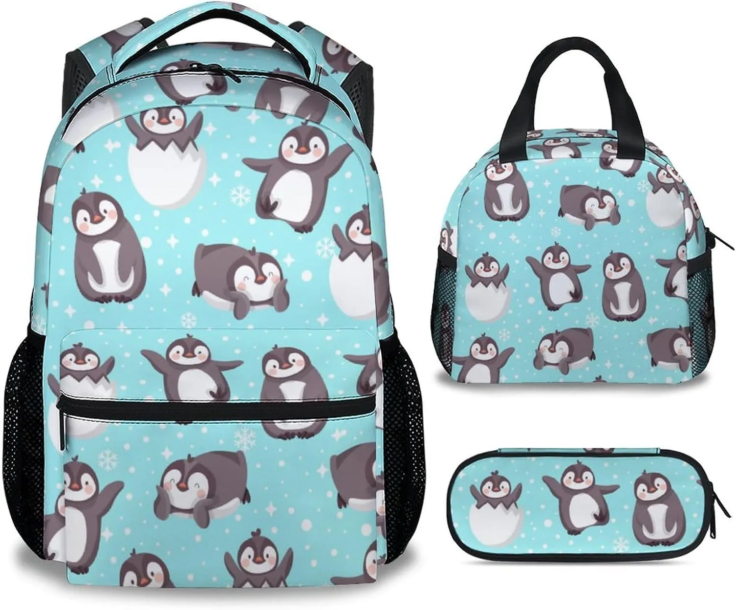 Penguin Backpack with Lunch Box and Pencil Case, 16 Inch Penguin Theme Bookbag with Adjustable Straps, Durable, Lightweight, Large Capacity, School Backpack for Girls Women