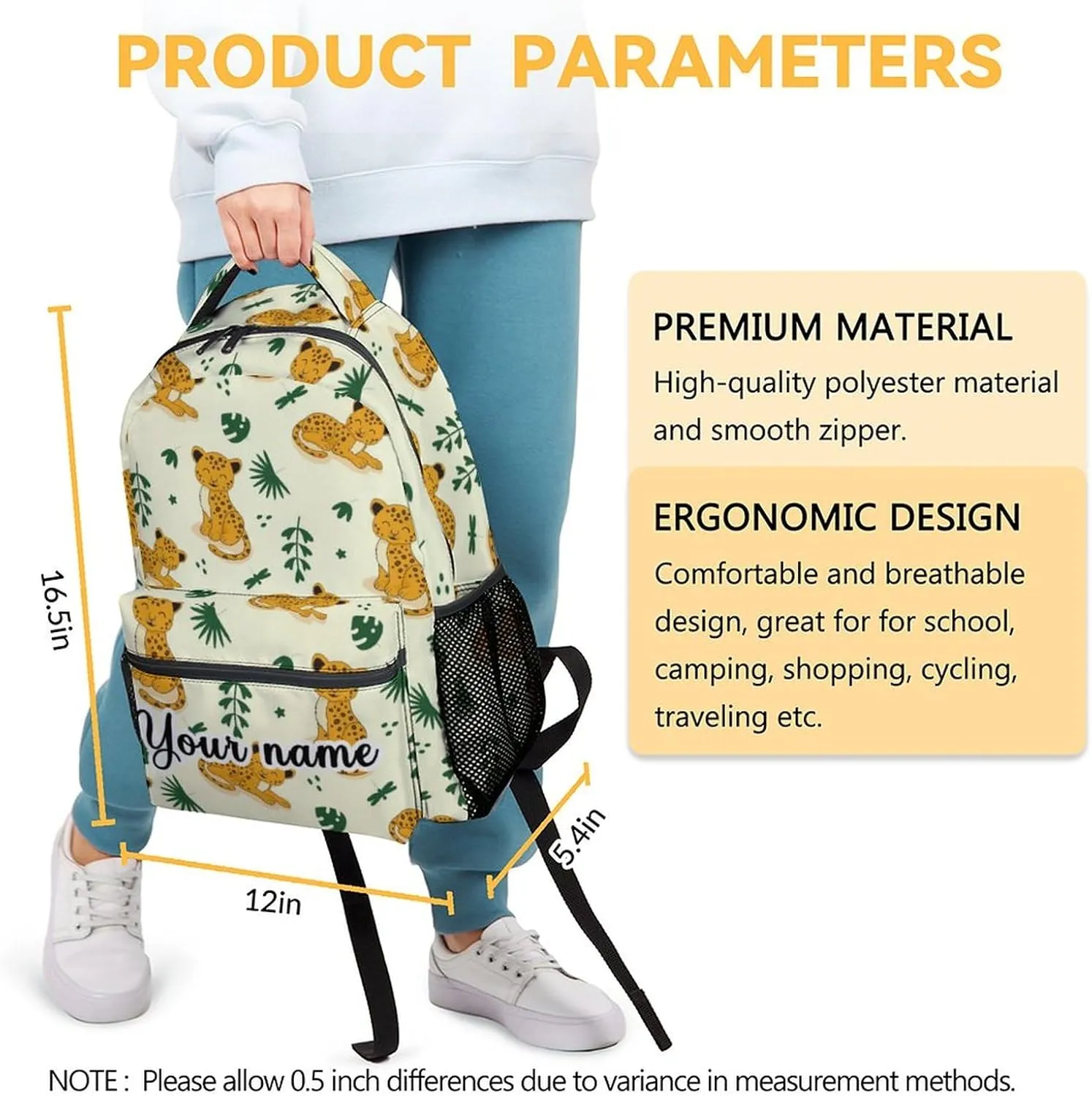 Personalized Cheetah Backpack for Girls Boys, 16 Inch School Bookbag with Adjustable Straps, Travel Bag Durable, Lightweight, Large Capacity