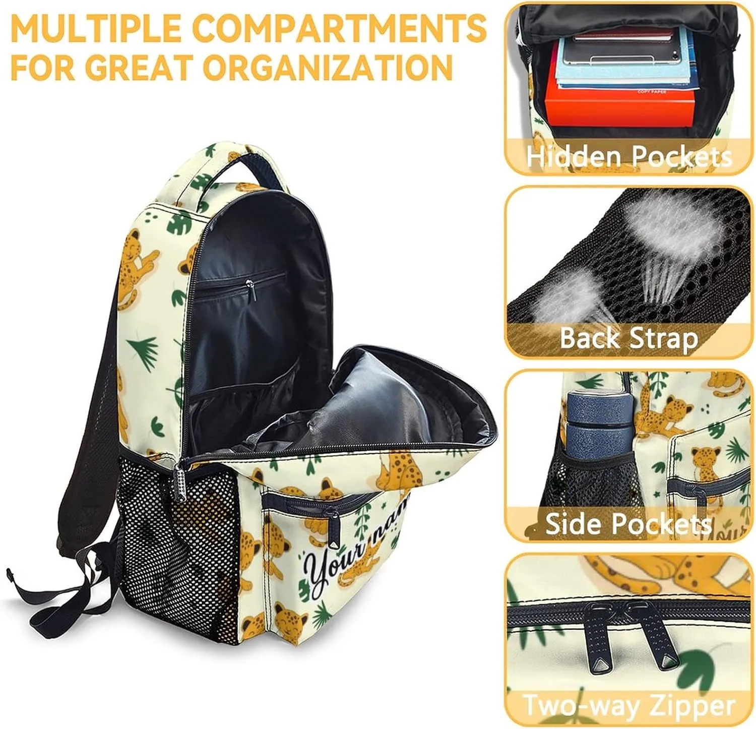 Personalized Cheetah Backpack for Girls Boys, 16 Inch School Bookbag with Adjustable Straps, Travel Bag Durable, Lightweight, Large Capacity