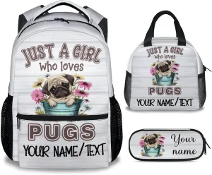 Personalized Cute Pug Backpack with Lunch Box And Pencil Case, 16 Inch Dog Theme Bookbag with Adjustable Straps, Durable, Lightweight, Large Capacity, School Backpack for Kids Girls Boys